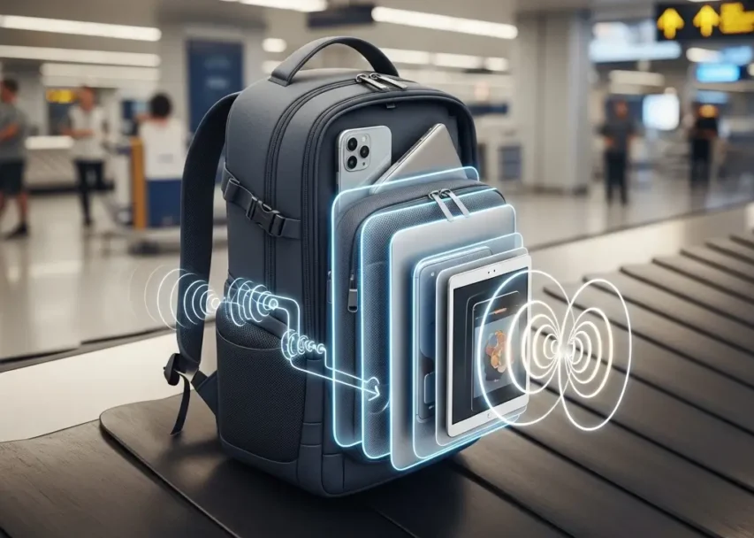 Mochila com isolamento magnético em aeroportos